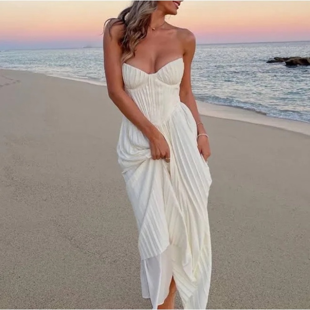 HOUSE OF CB AMORATA IVORY CREAM WHITE PLEATED MAXI MIDI DRESS XS
